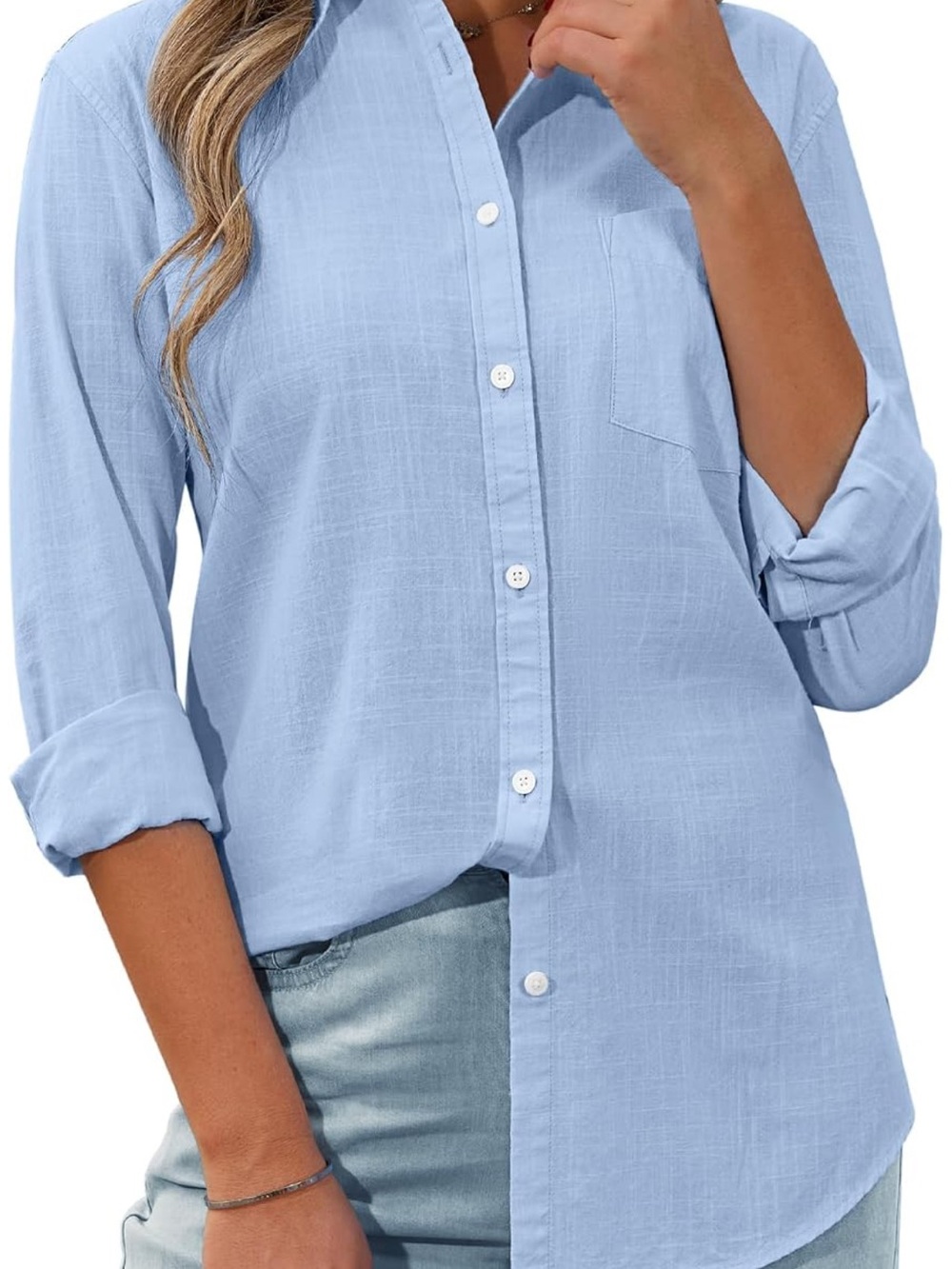 Amazon Women's Light Blue Button Down Shirt with Front Pocket